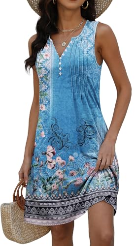 Disamer Beach Dresses for Women 2025 Vacation Swim Cover up V-Neck Summer Dress Button Down Sleeveless Boho Floral Sundress,Flower Wallpaper Blue,Large - Image 2