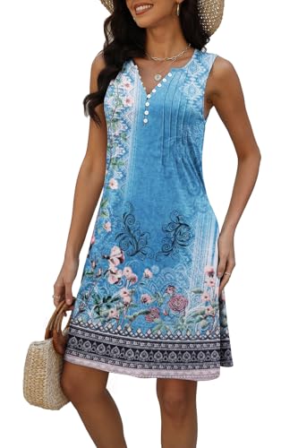 Disamer Beach Dresses for Women 2025 Vacation Swim Cover up V-Neck Summer Dress Button Down Sleeveless Boho Floral Sundress,Flower Wallpaper Blue,Large - Image 3