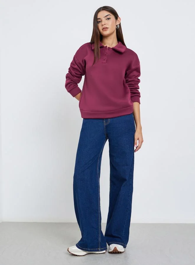 Styli Women Burgundy Solid Oversized Collared Sweatshirt