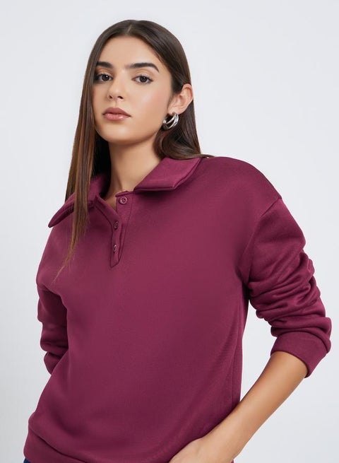 Women Burgundy Solid Oversized Collared Sweatshirt