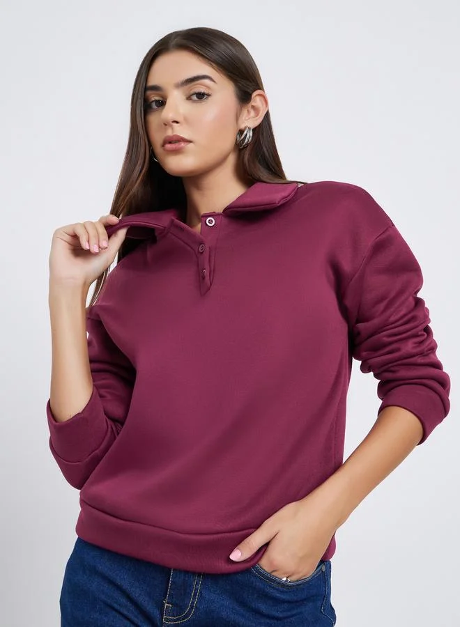Styli Women Burgundy Solid Oversized Collared Sweatshirt