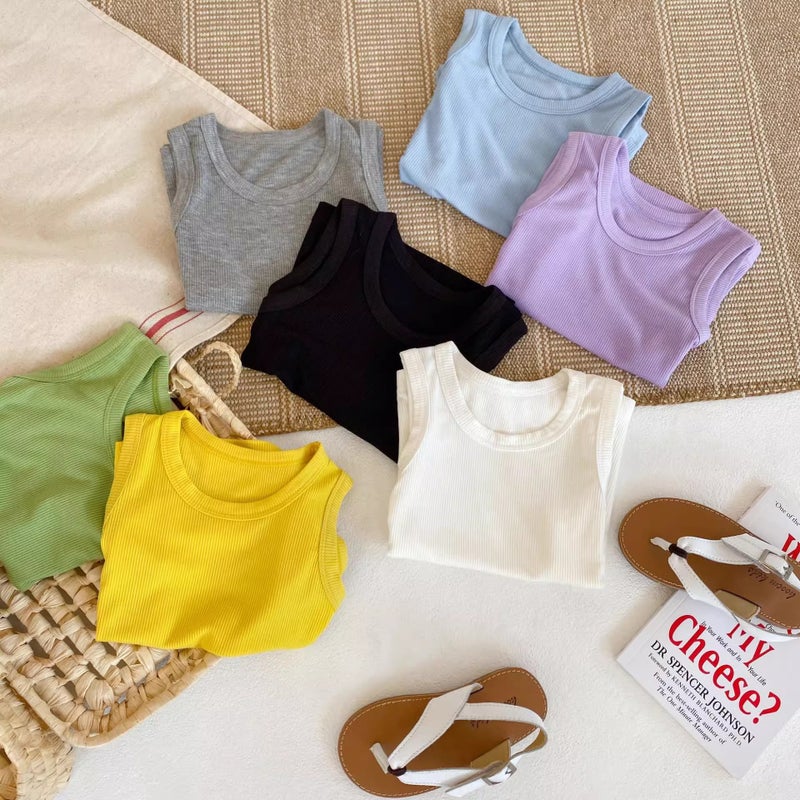 تي شيرت صيفي بدون أكمام للأطفال بألوان صلبة للأولاد والبنات - Image 4