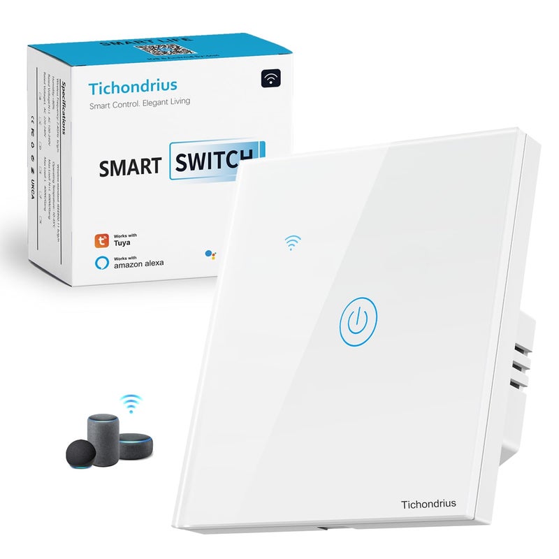 Tichondrius WiFi Smart Switch, Smart Touch Light Switch work with Tuya Smart APP, WiFi & Voice Control, Alexa/Google Home Compatible, Easy Installation. (1 white) - Image 1