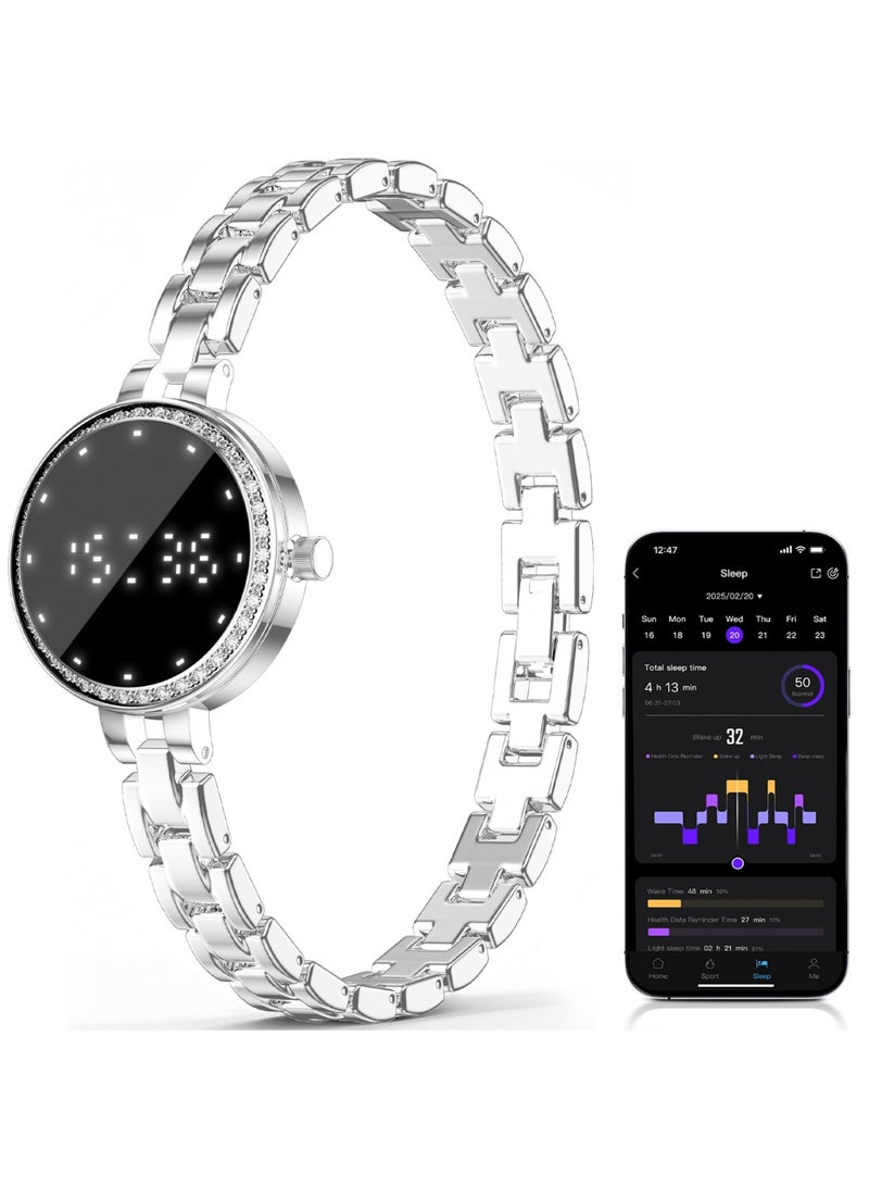 TDZDDYS Jewelry-Style Smart Bracelet Watch for Women, 26mm Small Round Fitness Tracker with Sleep Tracking, Steps, Cycle Reminder, Remote Camera, 6-Day Battery, Adjustable Golden/Silvery Bracelet Strap - Image 1