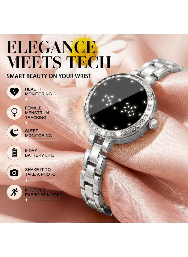 TDZDDYS Jewelry-Style Smart Bracelet Watch for Women, 26mm Small Round Fitness Tracker with Sleep Tracking, Steps, Cycle Reminder, Remote Camera, 6-Day Battery, Adjustable Golden/Silvery Bracelet Strap - Image 2