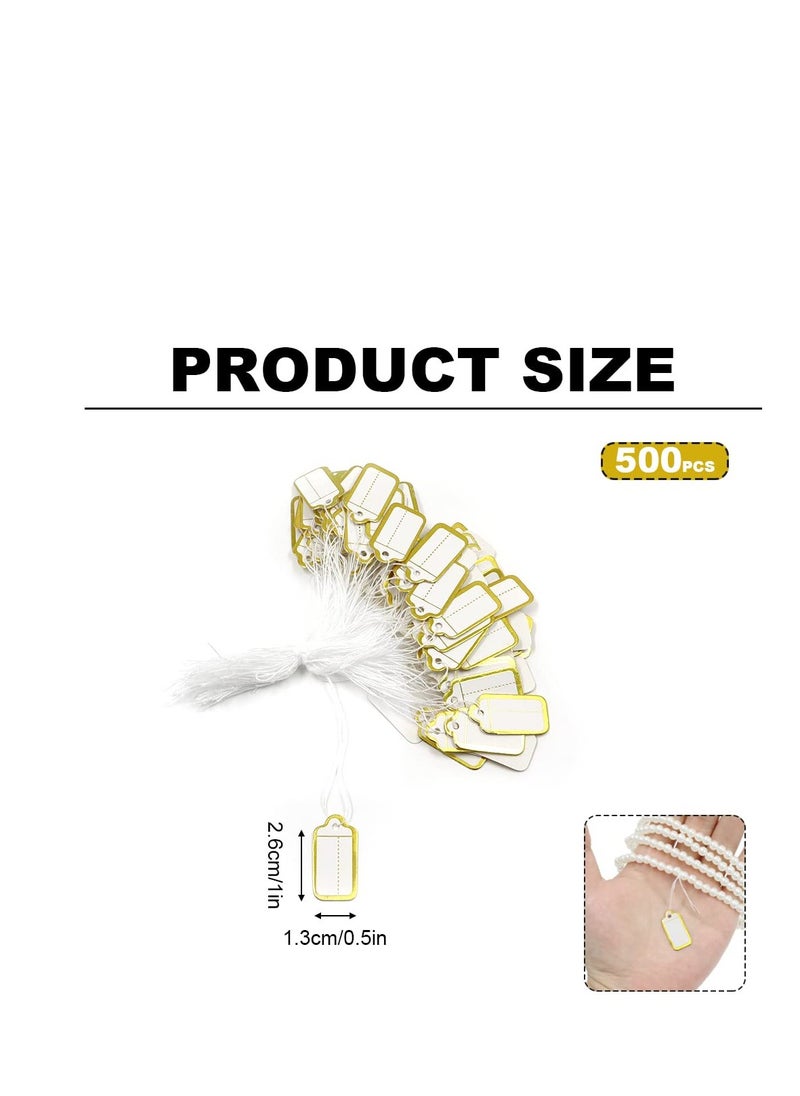 500 Pcs Jewelry Price Tags with Attached String, Writable Paper Labels for Displaying Prices, Marking Tags with Elastic String and Reinforced Eyelet, Gold Color.
