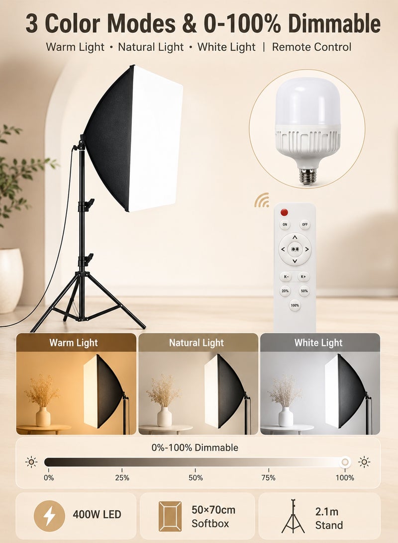 Favarey Softbox Lighting Kit 400W Photography Light with 2.1m Light Stand, 3 Color Modes Remote Control Studio Light, 0-100% Dimmable Video Light for Recording, Streaming, Makeup, Podcast & Product Photography - Image 5