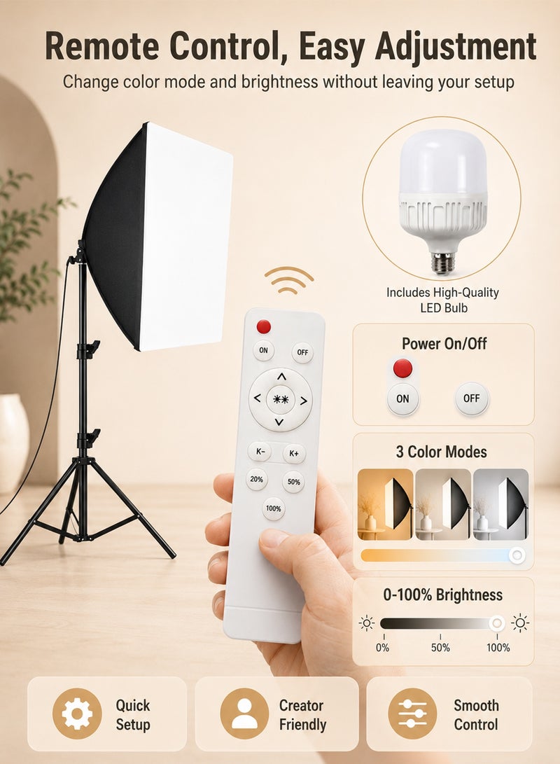 Favarey Softbox Lighting Kit 400W Photography Light with 2.1m Light Stand, 3 Color Modes Remote Control Studio Light, 0-100% Dimmable Video Light for Recording, Streaming, Makeup, Podcast & Product Photography - Image 2