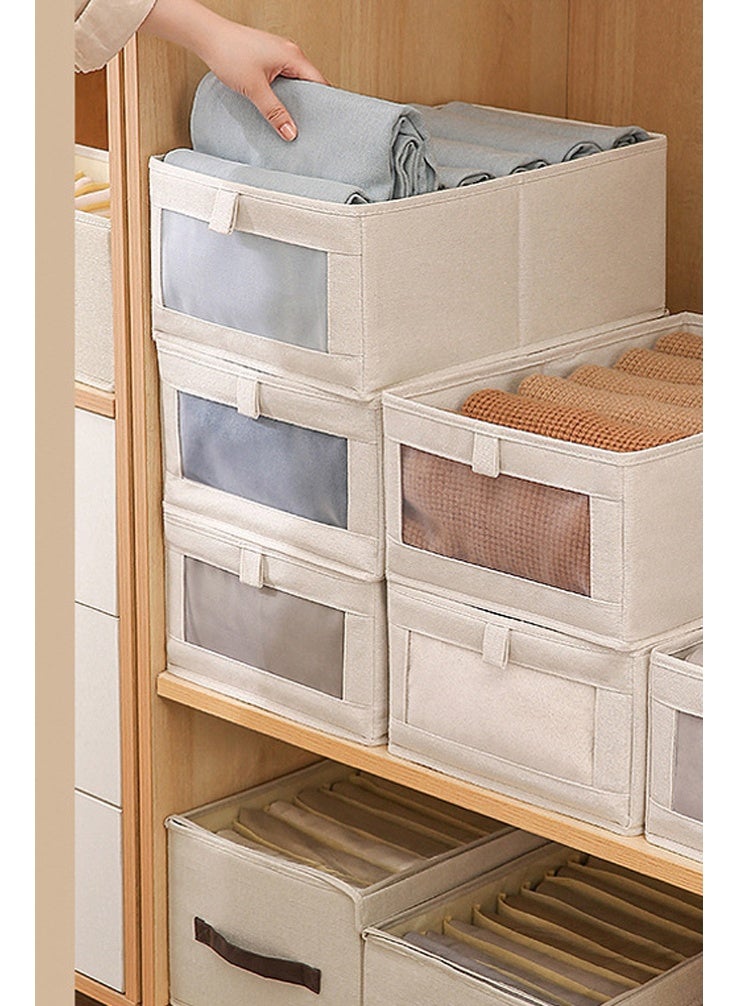 3-Piece Set Foldable Storage Box with Clear Window - Linen-Cotton Fabric Closet Organizers for Clothes & Bedroom (Beige)） - Image 1
