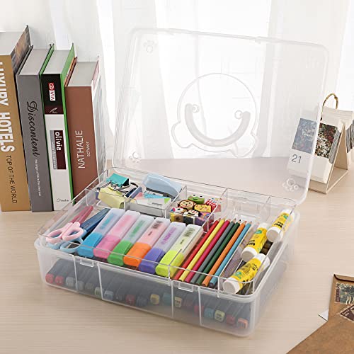 BTSKY 2-Tier Cute Bear Storage Box with Removable Divided Tray Portable Clear Plastic Art Craft Supply Organizer Stackable Home Office Supplies Storage Container for Pens Notes A4 papers etc (Clear) - Image 5