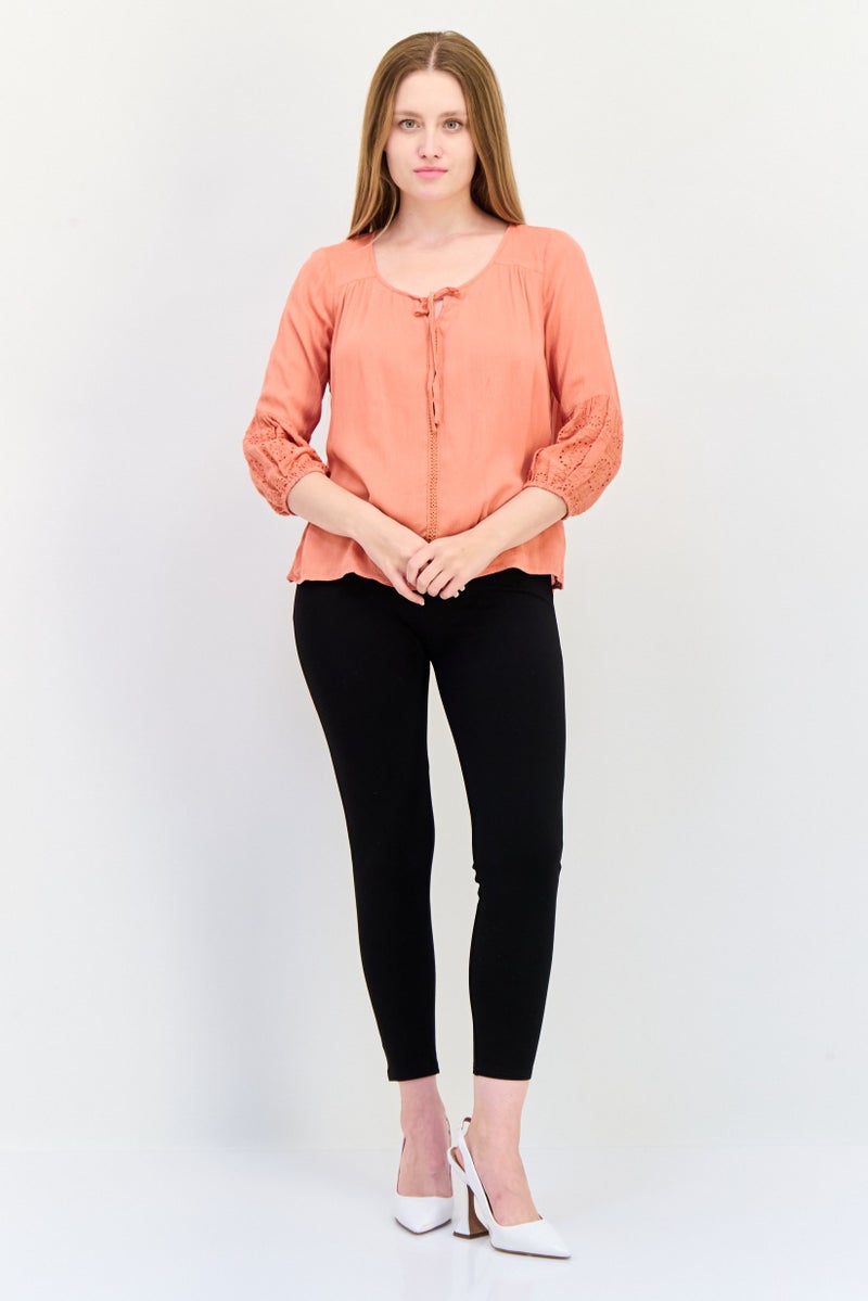 ONLY Women Tie Neck Three Quarter sleeve Plain Top, Coral - Image 3