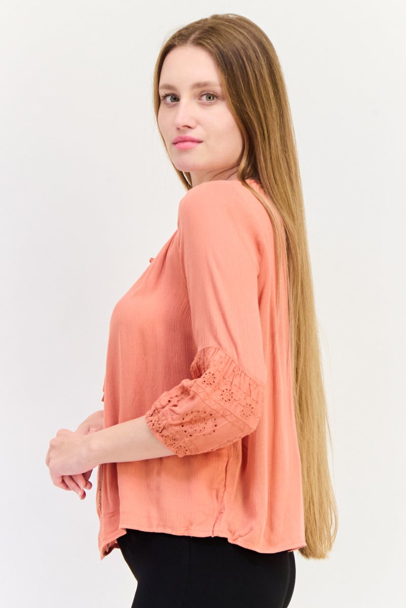 ONLY Women Tie Neck Three Quarter sleeve Plain Top, Coral - Image 4