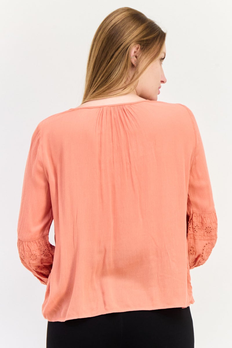 ONLY Women Tie Neck Three Quarter sleeve Plain Top, Coral - Image 2
