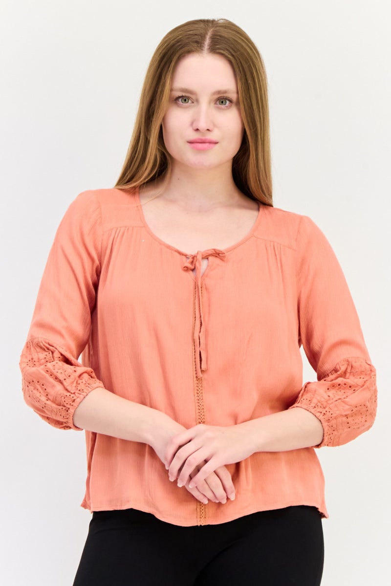 ONLY Women Tie Neck Three Quarter sleeve Plain Top, Coral - Image 1