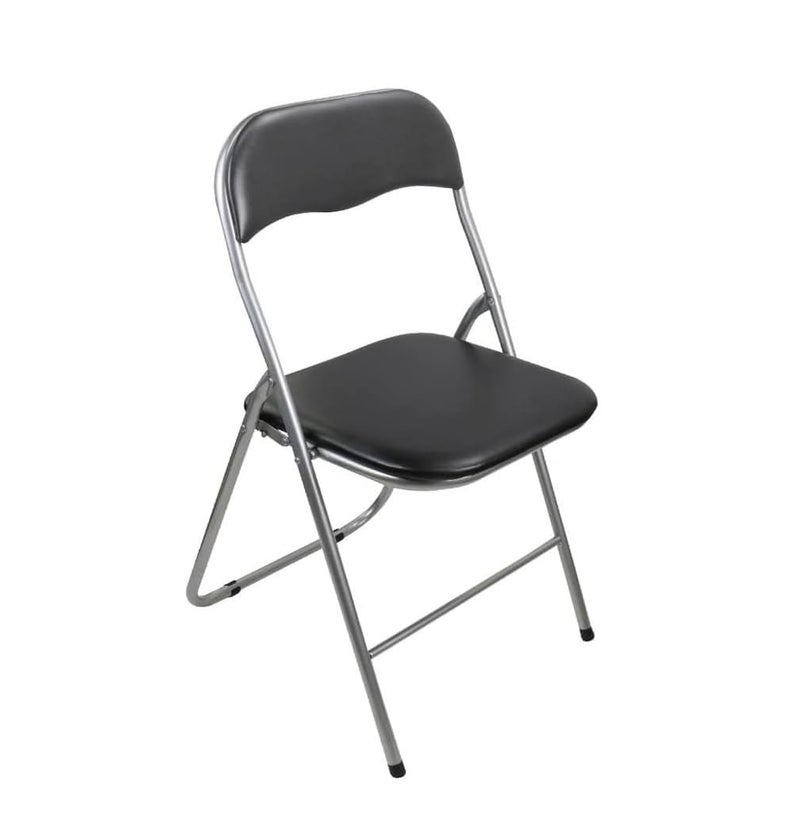 Folding Desk Chair Padded Light Weight Space Saving Silver Frame Faux Leather Padded Seat Rectangular Compact Folding Chair for Home Office Party School Library stool Lightweight Foldable Black