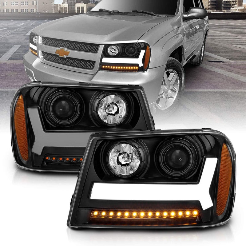 AmeriLite Black Projector Headlights with LED Tube for 2006-2009 Chevy Trailblazer LT