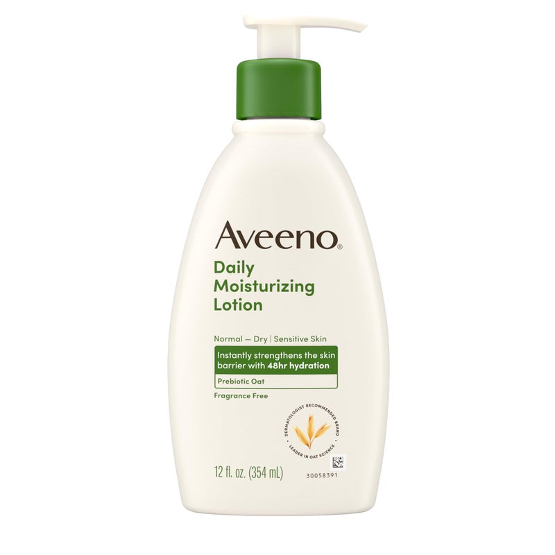 Aveeno Daily Moisturizing Body Lotion with Soothing Prebiotic Oat, Gentle Lotion Nourishes Dry Skin With Moisture, Paraben-, Dye- & Fragrance-Free, Non-Greasy & Non-Comedogenic, 12 fl. Oz - Image 5