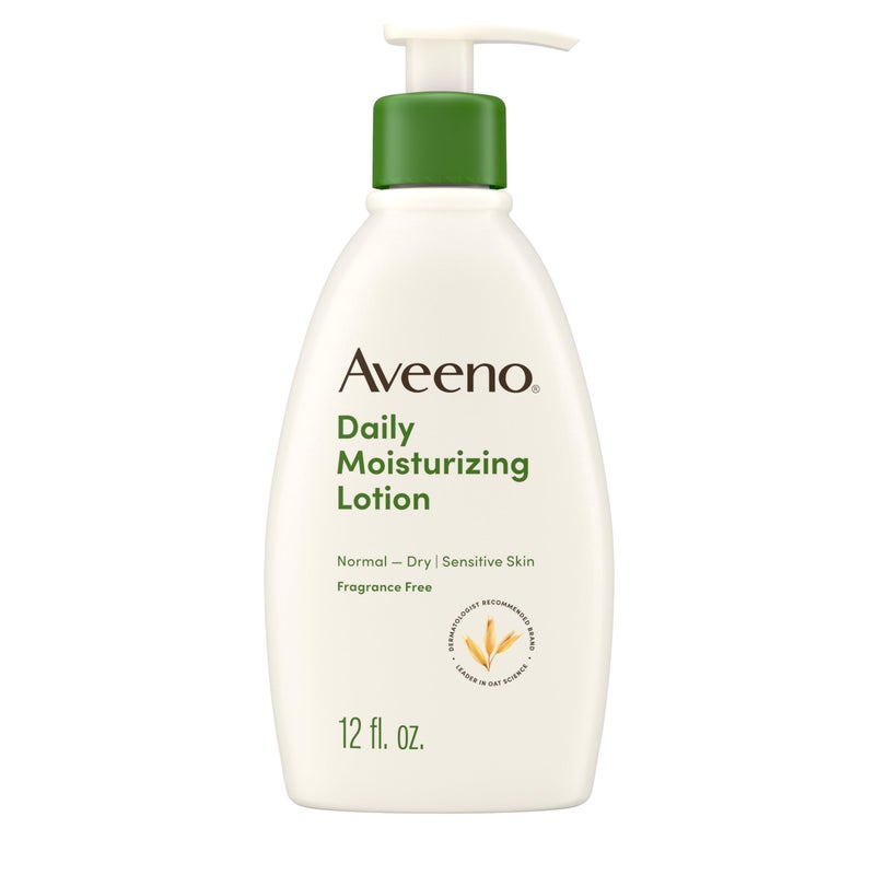 Aveeno Daily Moisturizing Body Lotion with Soothing Prebiotic Oat, Gentle Lotion Nourishes Dry Skin With Moisture, Paraben-, Dye- & Fragrance-Free, Non-Greasy & Non-Comedogenic, 12 fl. Oz - Image 1