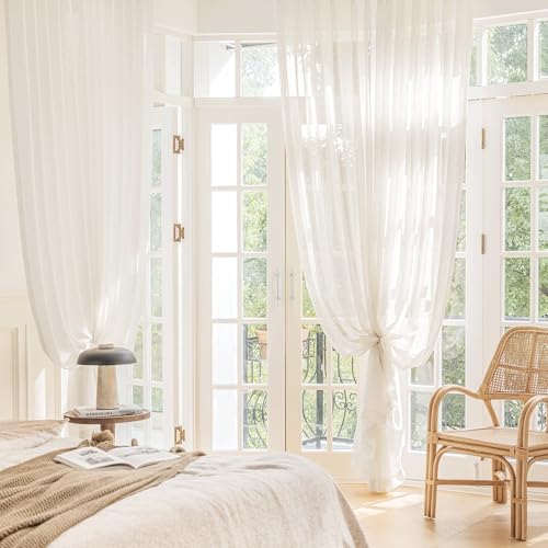 FMFUNCTEX Linen Sheer Curtains for Bedroom, Beige Curtains 84 inches Long for Living Room, Natural Flax Blend Window Draperies for Farmhouse Curtain, Rod Pocket 2 Panels - Image 5