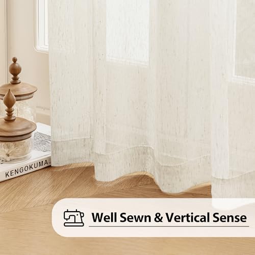FMFUNCTEX Linen Sheer Curtains for Bedroom, Beige Curtains 84 inches Long for Living Room, Natural Flax Blend Window Draperies for Farmhouse Curtain, Rod Pocket 2 Panels - Image 4
