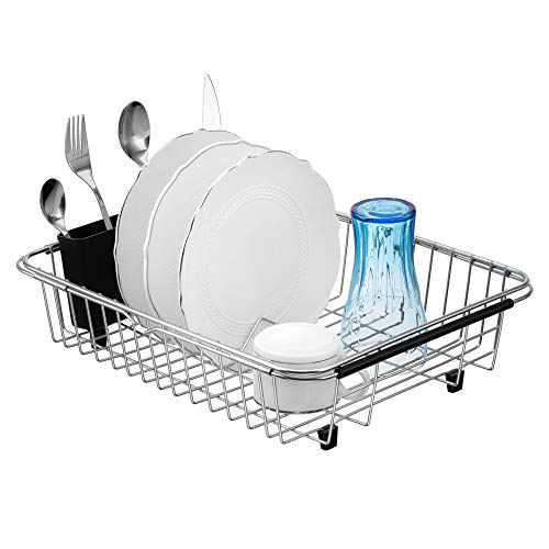 SANNO Expandable Dish Drying Rack Over The Sink Dish Drainer Dish Rack in Sink or On Counter with Utensil Silverware Storage Holder, Rustproof Stainless Steel - Image 5