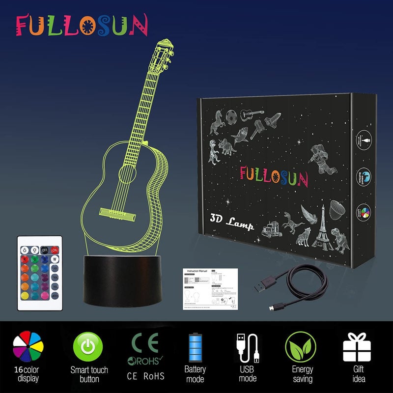 FULLOSUN 3D Night Light Guitar Gifts for Music Lover, 3D Illusion Lamp with Remote Control &16 Colors Changing Amazing Idea Choice for Musical Instrument Shop Home Party Supply Decoration Xmas - Image 4