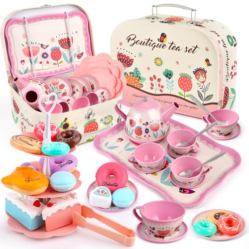 Minnot Tea Party Set for Little Girls Flower Tea Sets Toys for Toddlers Girls Age 3 4 5 6 Year Old Toddler Kids Kitchen Pretend Play Toys - Image 1