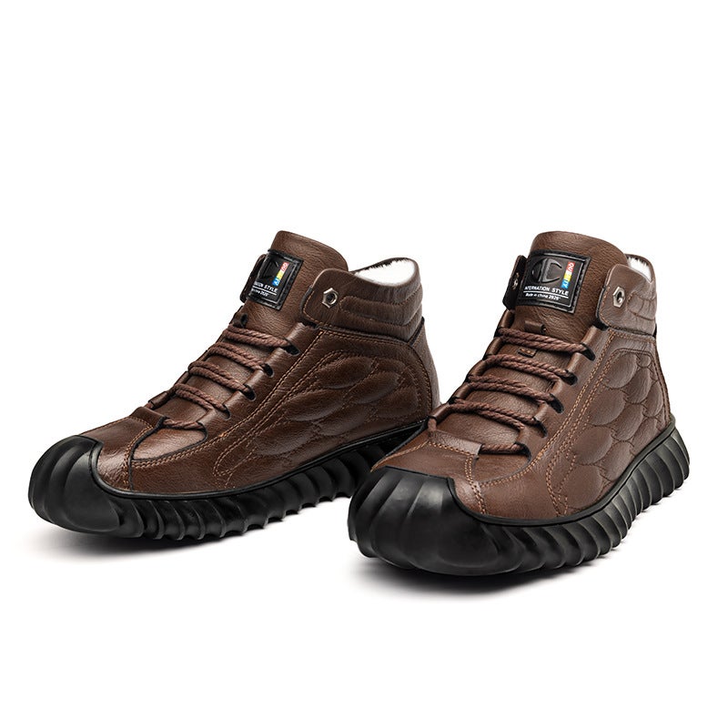 Mens Leather Winter Boots Wool-Lined Warm High-Top Casual Brown 