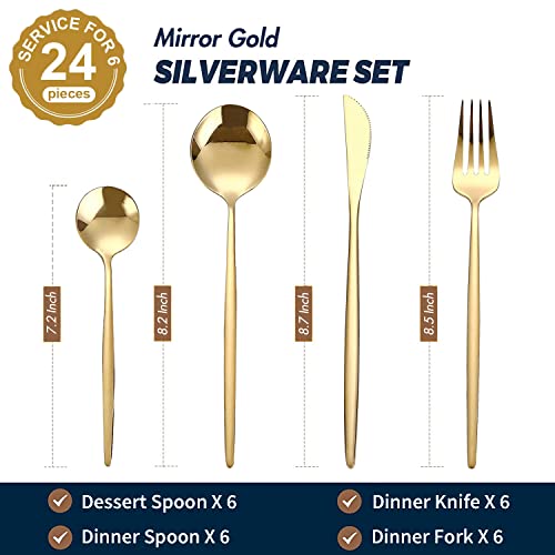 LSTOXS 24-Piece Gold Silverware Set Gold Flatware Set for 6, Gold Spoons and Forks Set, Stainless Steel Gold Cutlery Set for Home Kitchen Restaurant Wedding, Mirror Polished Utensils Set, Dishwasher Safe - Image 3