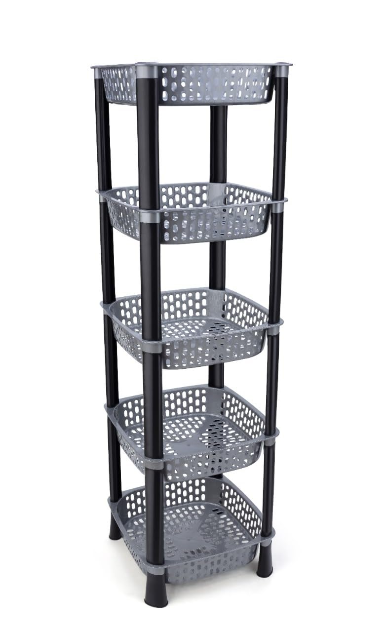 SHRUTI Multipurpose Plastic Trolley with Dish Rack for Kitchen Fruit Vegetable Storage Basket Organizer Stand Kitchenware Food Snacks 5 Layer MultiPurpose Step Shelf Square Rack Grey - Image 1