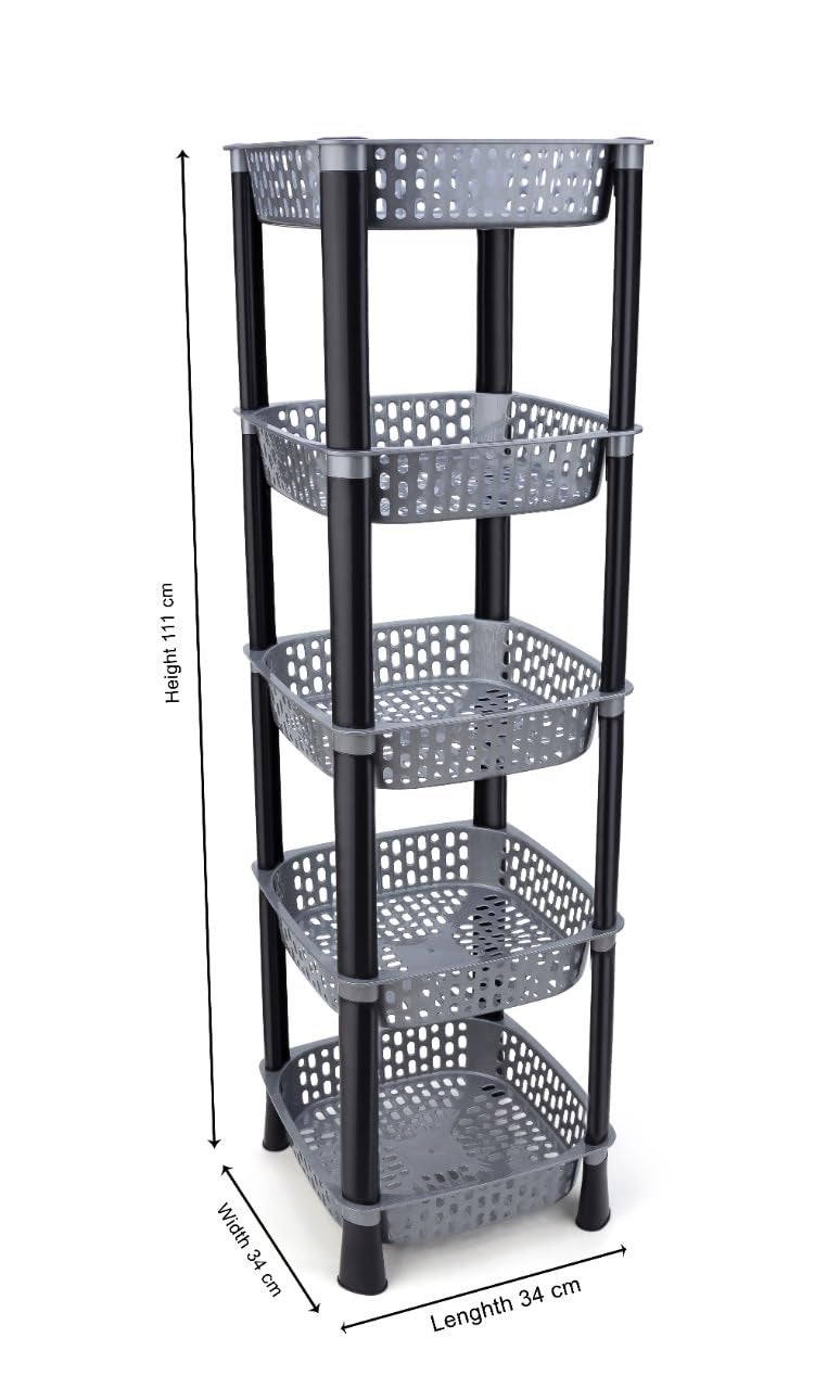 SHRUTI Multipurpose Plastic Trolley with Dish Rack for Kitchen Fruit Vegetable Storage Basket Organizer Stand Kitchenware Food Snacks 5 Layer MultiPurpose Step Shelf Square Rack Grey - Image 2