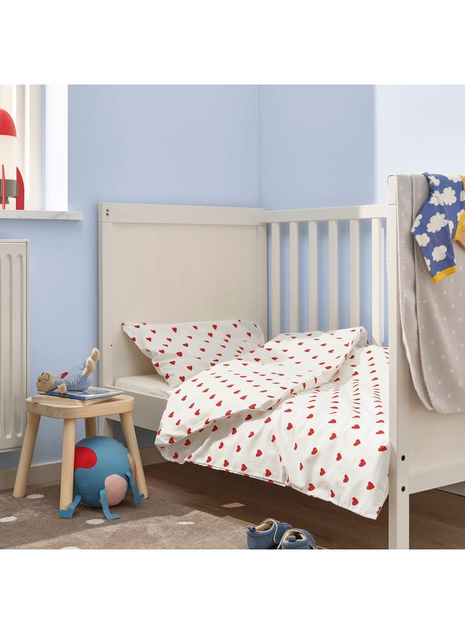 erorex Duvet cover 1 pillowcase for cot, heart pattern/white red, 110x125/35x55 cm - Image 3