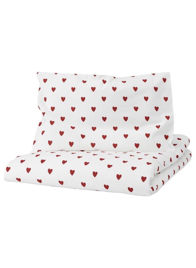 erorex Duvet cover 1 pillowcase for cot, heart pattern/white red, 110x125/35x55 cm - Image 1