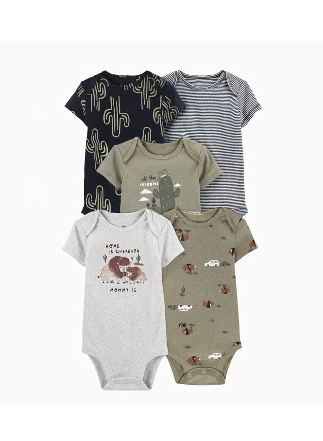 5 Piece Baby Boys Girls Bodysuit Set Soft Breathable Summer Baby Bodysuit Half Sleeve Onesie Pajama  Set