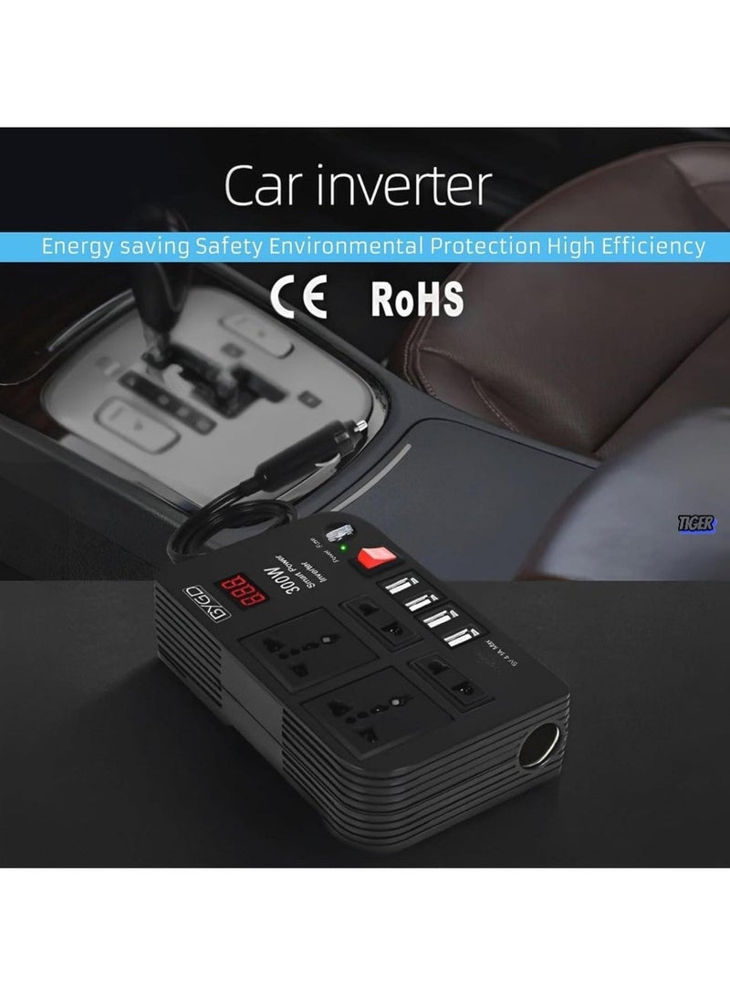JAJEEK - 300W Car Power Inverter - DC 12V to 220V AC Converter with LED Display, 4 USB Ports, 4 Charger Outlets, Pure Sine Wave – Portable Charger for Cars, Trucks, RVs – Ideal for Charging Laptops, Phones, and Appliances - Image 1
