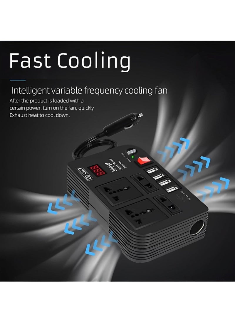 JAJEEK - 300W Car Power Inverter - DC 12V to 220V AC Converter with LED Display, 4 USB Ports, 4 Charger Outlets, Pure Sine Wave – Portable Charger for Cars, Trucks, RVs – Ideal for Charging Laptops, Phones, and Appliances - Image 1