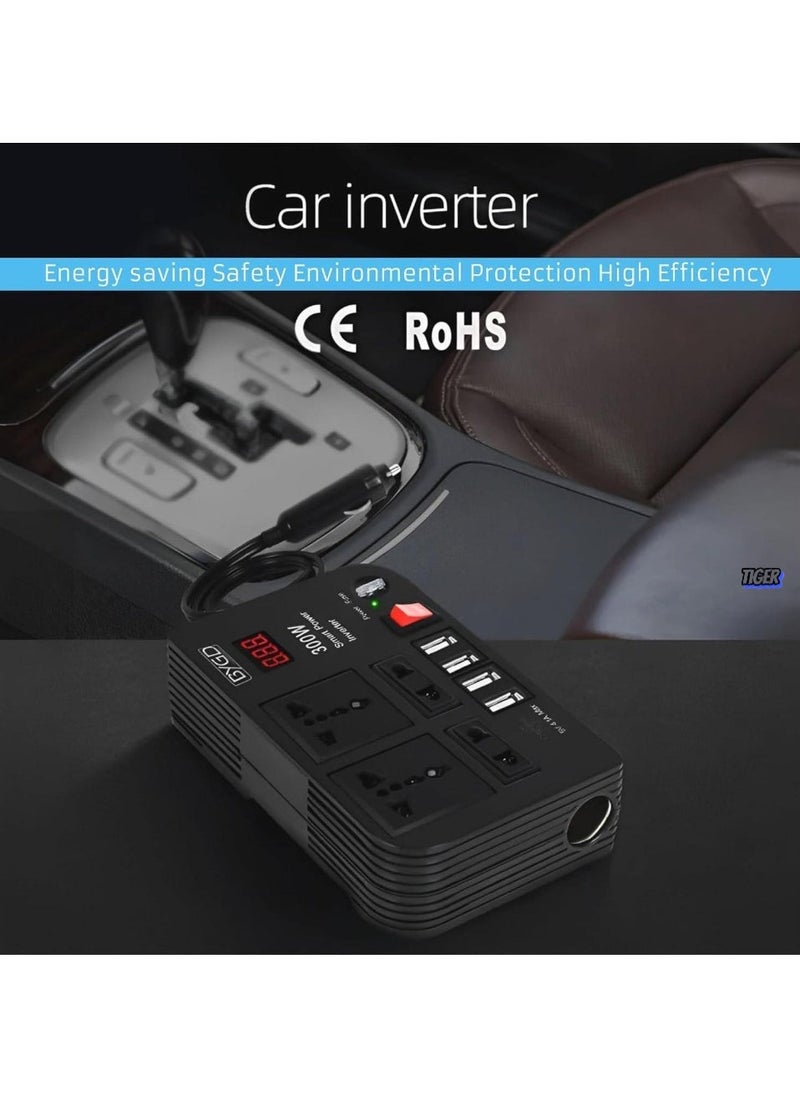 JAJEEK - 300W Car Power Inverter - DC 12V to 220V AC Converter with LED Display, 4 USB Ports, 4 Charger Outlets, Pure Sine Wave – Portable Charger for Cars, Trucks, RVs – Ideal for Charging Laptops, Phones, and Appliances - Image 1