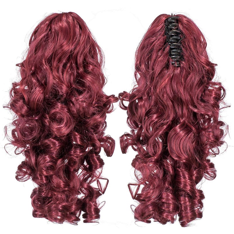 SWACC 12Inch Short Screw Curls Claw Clip Ponytail Extensions Synthetic Clip in Drawstring Curly Ponytail Hairpiece Jaw Clip Hair Extension Burgundy Wine Red Mixed