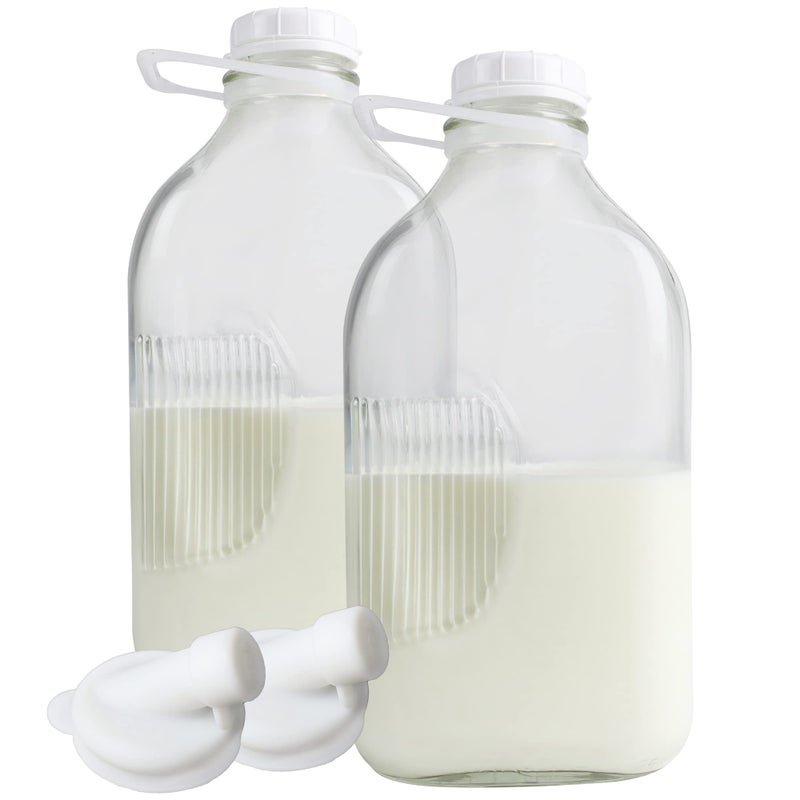 The Dairy Shoppe The Dairy Shoppe Heavy Glass Milk Bottles  Jugs with Lids and Silicone Pour Spouts  Clear Milk Containers for Fridge  Reusable Glass Milk Jug Dispenser  Made in USA 64 oz 2 Pack 