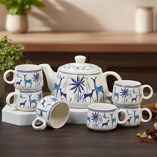 CRAF10 Handcrafted Ceramic Blue Stag Teapot Cup Set - 1 Kettle (1 Litre) & 6 Cups (160 ML), Microwave & Dishwasher Safe | Morning Set | Tea Sets with Kettle for Gifting - Image 3