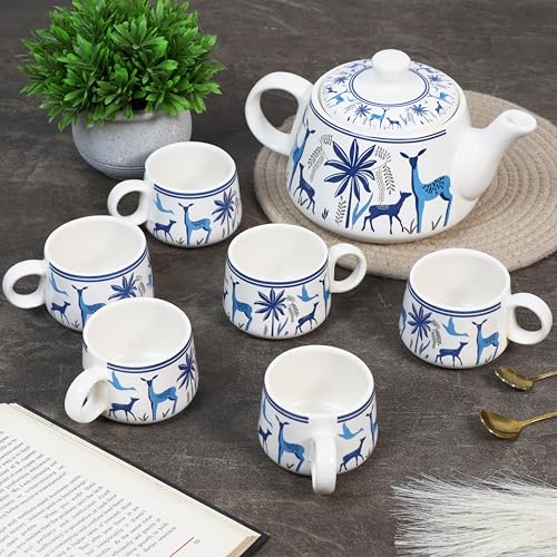 CRAF10 Handcrafted Ceramic Blue Stag Teapot Cup Set - 1 Kettle (1 Litre) & 6 Cups (160 ML), Microwave & Dishwasher Safe | Morning Set | Tea Sets with Kettle for Gifting - Image 1