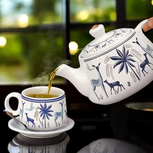 CRAF10 Handcrafted Ceramic Blue Stag Teapot Cup Set - 1 Kettle (1 Litre) & 6 Cups (160 ML), Microwave & Dishwasher Safe | Morning Set | Tea Sets with Kettle for Gifting - Image 2
