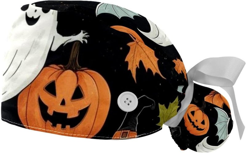 2 Packs Cute Vector Set with Halloween Illustrations 2_159 Working Cap，Adjustable Surgical Scrub Cap for Woman Men - Image 1