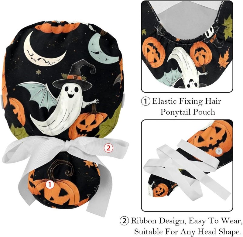 2 Packs Cute Vector Set with Halloween Illustrations 2_159 Working Cap，Adjustable Surgical Scrub Cap for Woman Men - Image 4