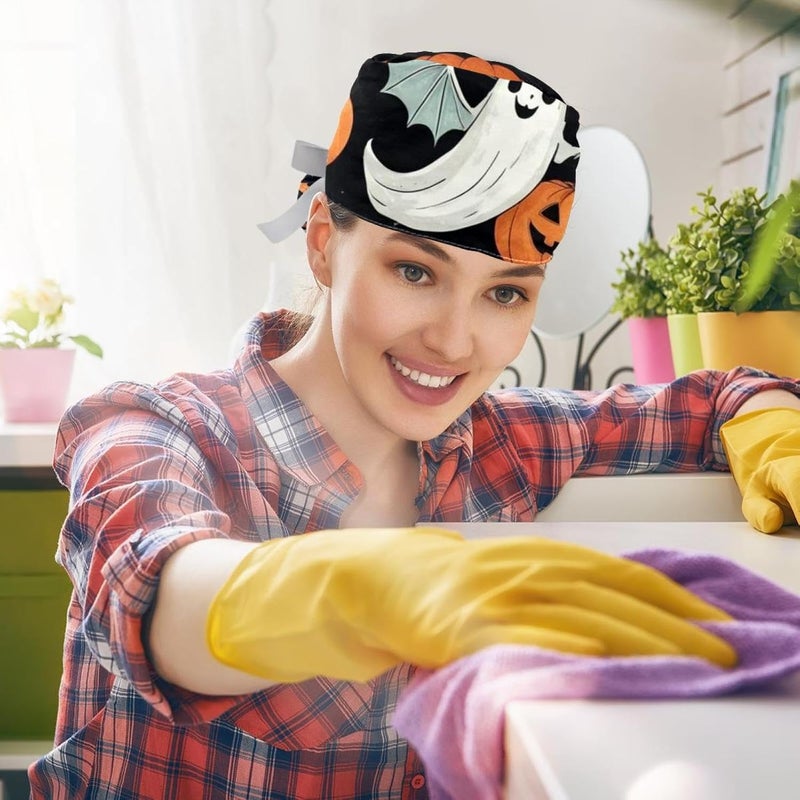 2 Packs Cute Vector Set with Halloween Illustrations 2_159 Working Cap，Adjustable Surgical Scrub Cap for Woman Men - Image 5
