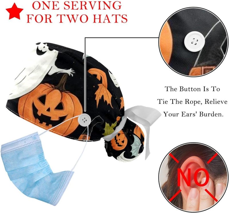 2 Packs Cute Vector Set with Halloween Illustrations 2_159 Working Cap，Adjustable Surgical Scrub Cap for Woman Men - Image 3