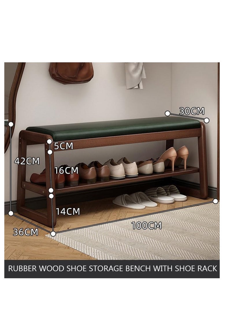 Generic Shoe Storage Bench Solid Wood Shoe Bench With Leather Cushion and Storage for Hallway Entryway Shoe Rack Wooden 100CM Shoes Changing Stool With Shoe Shelf Wooden Entrance Cabinet with Seating  - Image 2