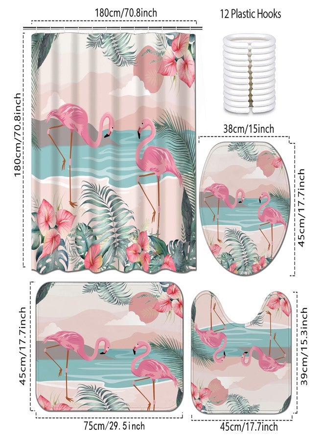 Planially 4Pcs Flamingo Shower Curtain Sets, Flamingo Bathroom Sets with Shower Curtain, Toilet Lid Rug, Contour Mat and Bath Mat, 12 Hooks for Bathroom Set Decor,72''X72'' - Image 2