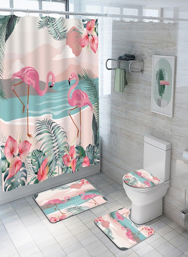 Planially 4Pcs Flamingo Shower Curtain Sets, Flamingo Bathroom Sets with Shower Curtain, Toilet Lid Rug, Contour Mat and Bath Mat, 12 Hooks for Bathroom Set Decor,72''X72'' - Image 1