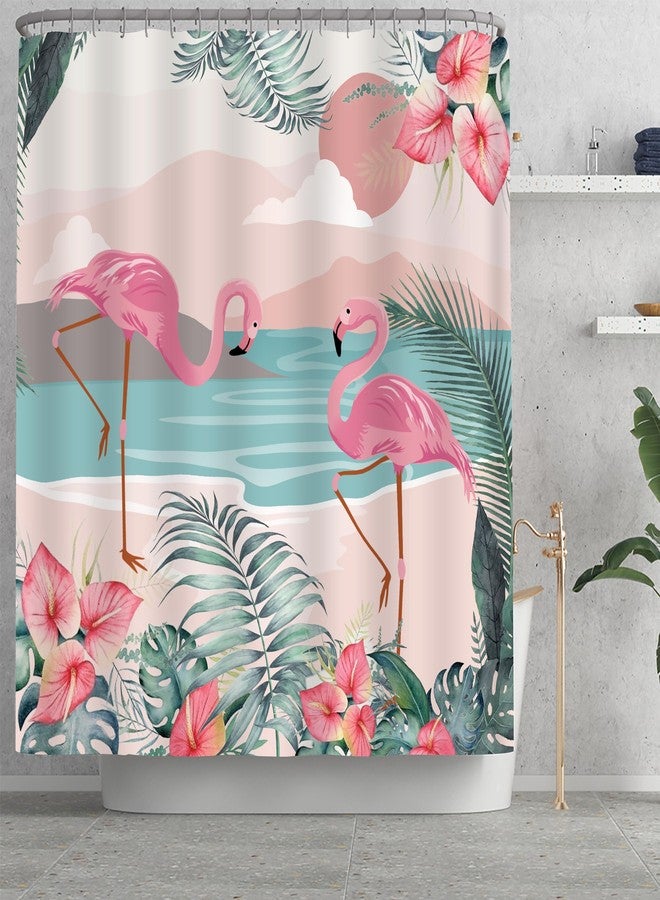 Planially 4Pcs Flamingo Shower Curtain Sets, Flamingo Bathroom Sets with Shower Curtain, Toilet Lid Rug, Contour Mat and Bath Mat, 12 Hooks for Bathroom Set Decor,72''X72'' - Image 3